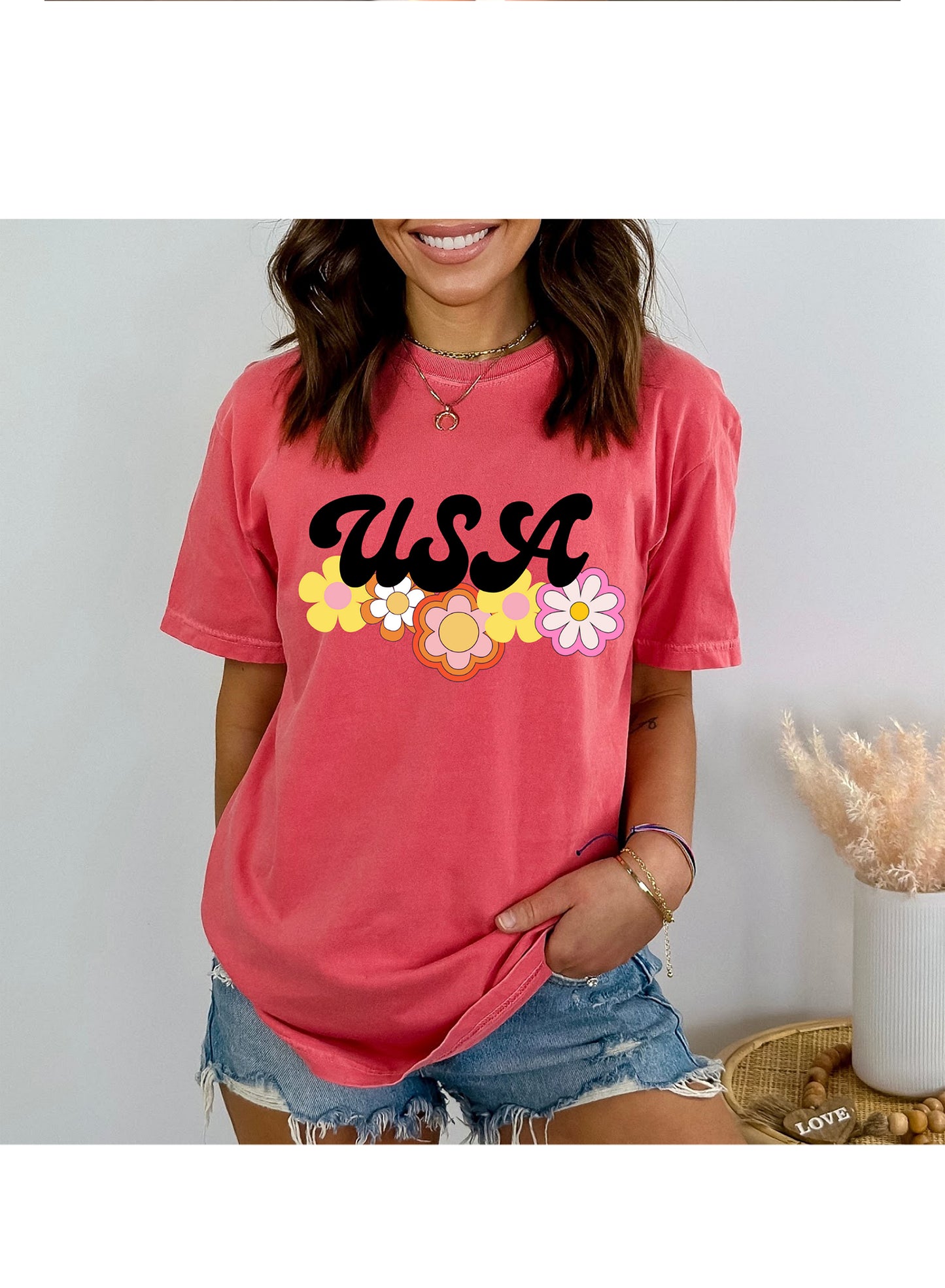 USA Pink Daisy Tee, America shirt, USA Shirt, Fourth of July Shirt, Independence Day Tee, Comfort Colors, patriotic Shirt,