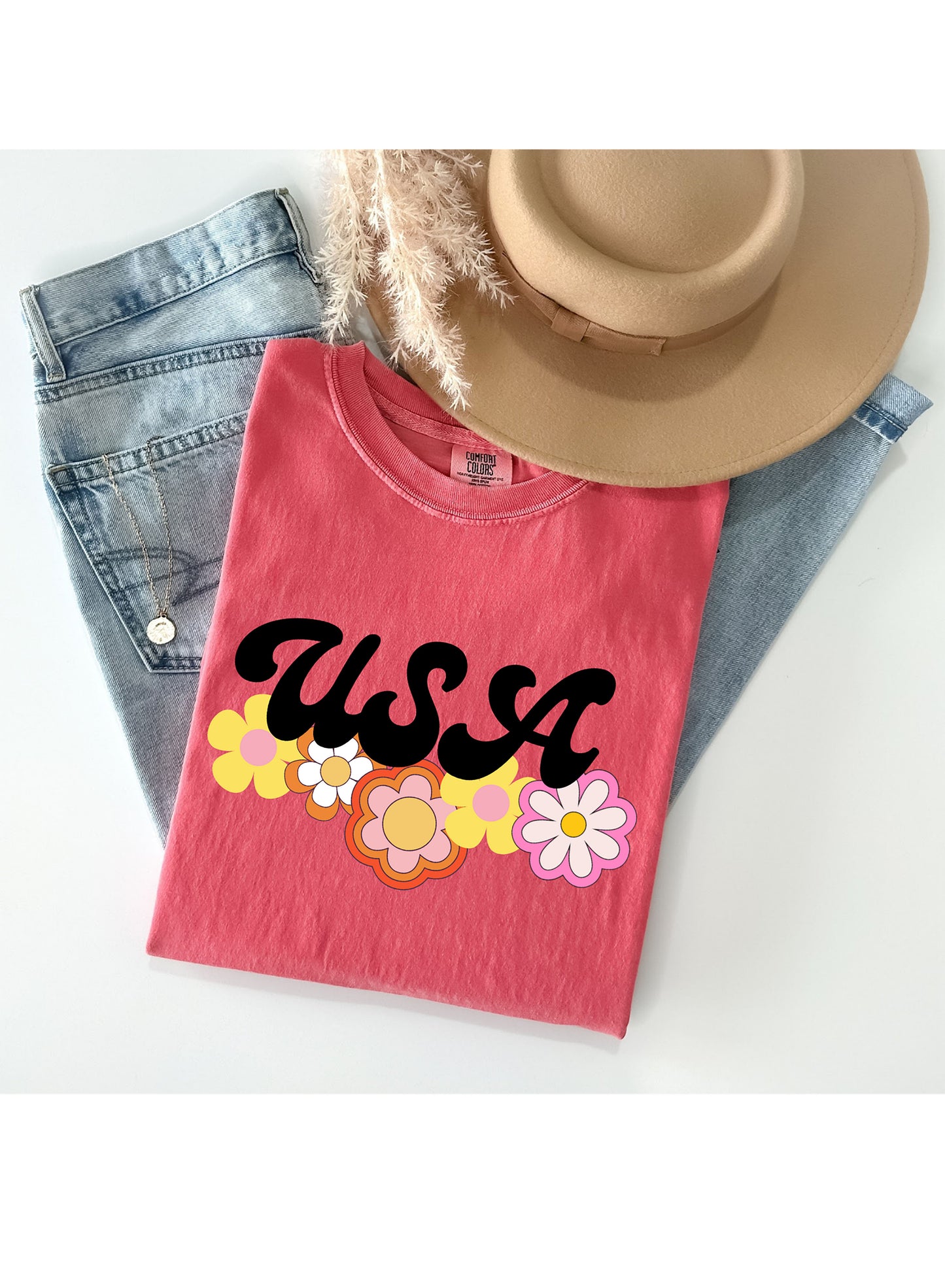 USA Pink Daisy Tee, America shirt, USA Shirt, Fourth of July Shirt, Independence Day Tee, Comfort Colors, patriotic Shirt,